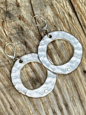 Silver Hammered Open Circle Dangle Hoop Earrings Rhinestone⁠ Leverback Boho